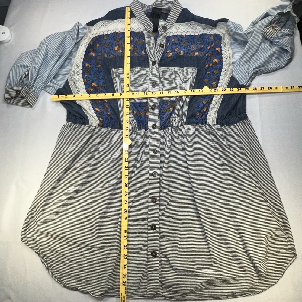 Free People New Romantics Mixed Media Boho Tunic Dress Blue Floral Lace Size Lg - Picture 11 of 12